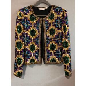 Laurence Kazar NY Vintage 80s Silk Beaded Sequin Jacket PM Gold Purple Peacock
